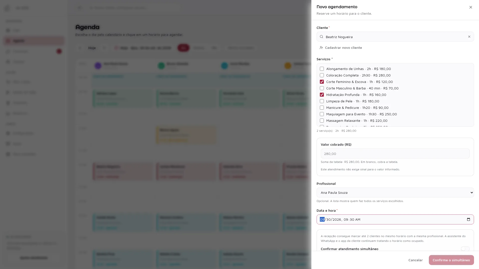 Janela de novo agendamento no IG One com o catálogo de serviços e os preços, em modo claro.