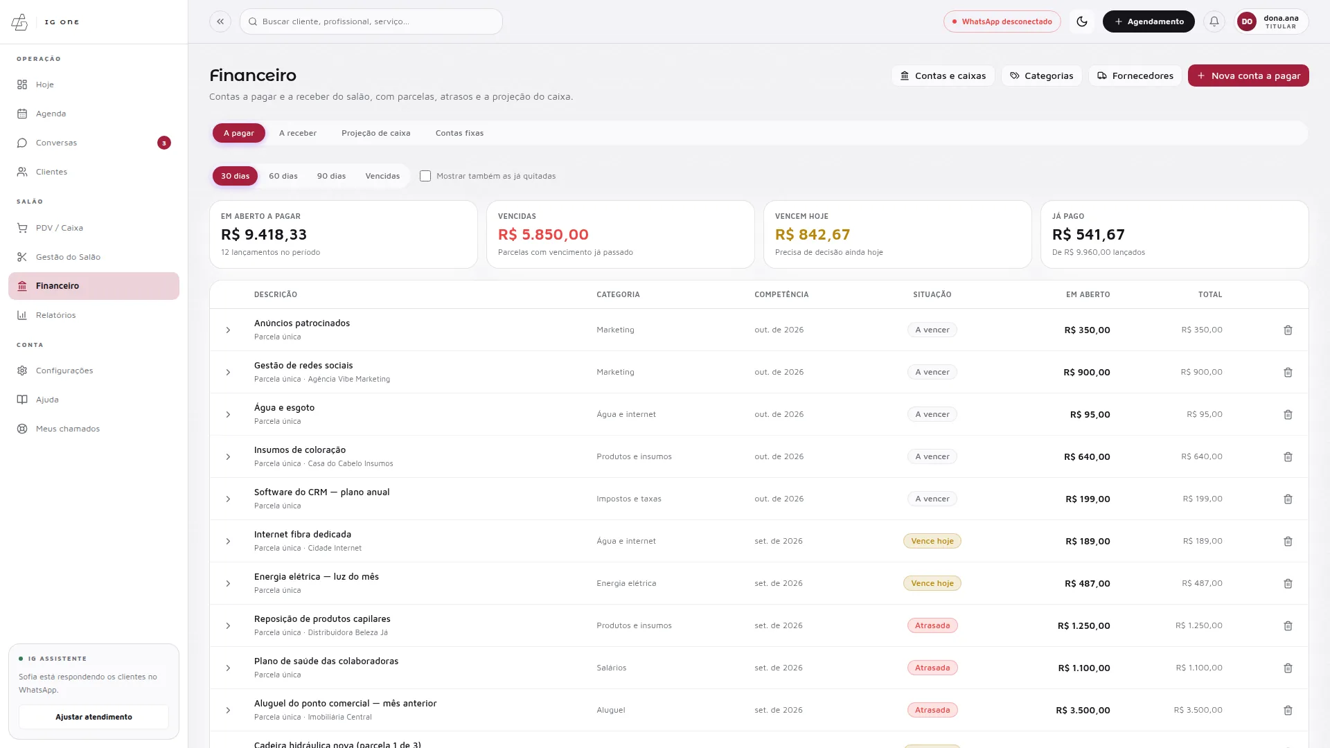 Financeiro do IG One, aba A pagar: títulos com situação, como vence hoje e a vencer, e a baixa do pagamento, em modo claro.