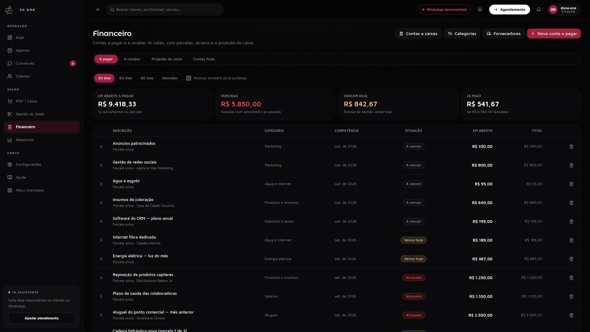 Financeiro do IG One, aba A pagar: títulos com situação, como vence hoje e a vencer, e a baixa do pagamento, em modo escuro.