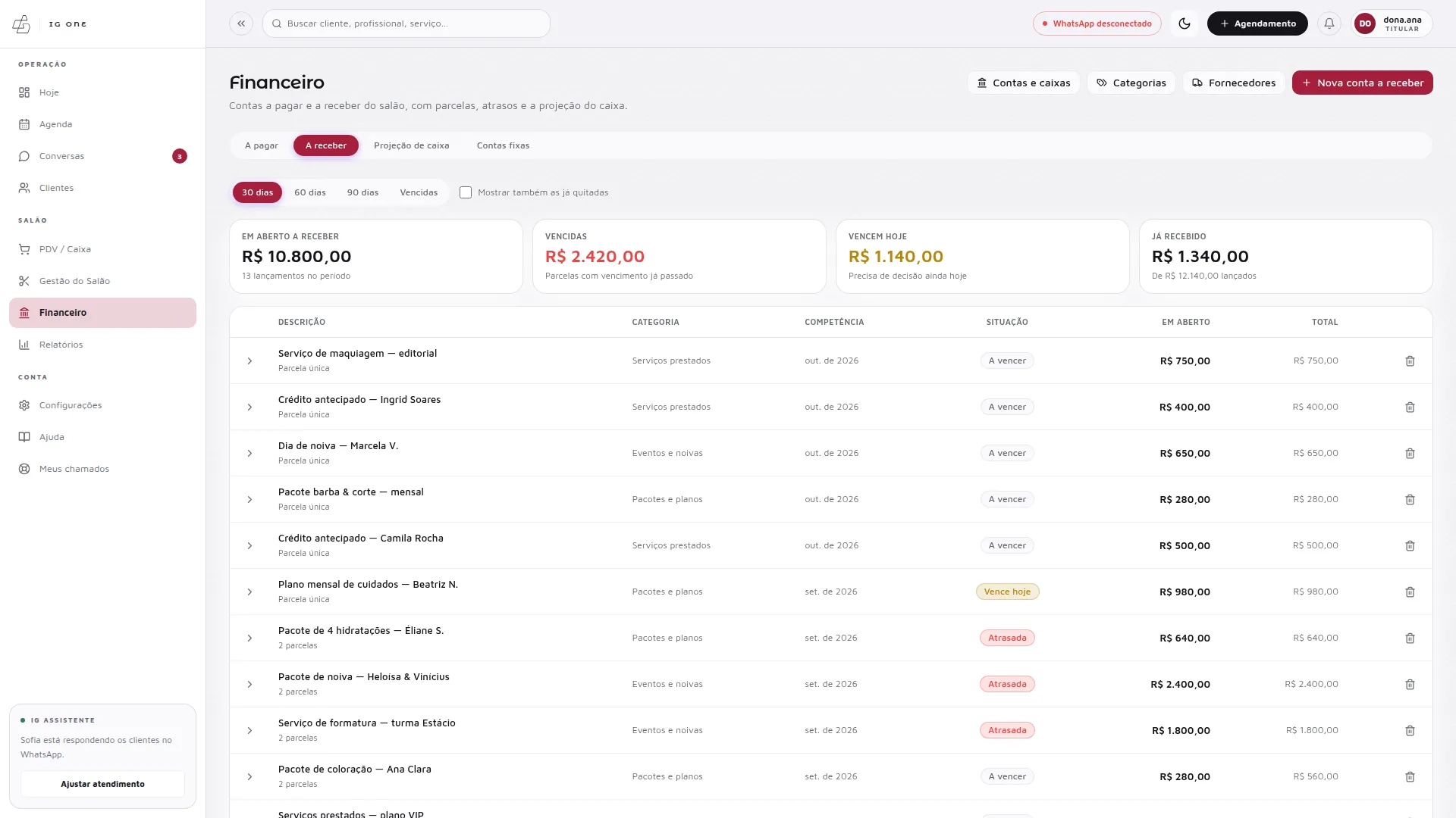 Financeiro do IG One, aba A receber: títulos a receber com situação e vencimento, em modo claro.
